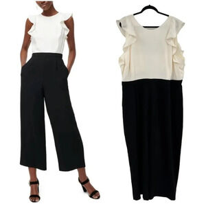 J. Crew Colorblocked Sleeveless‎ Ruffle Jumpsuit Ivory Cream Black Plus Size 24